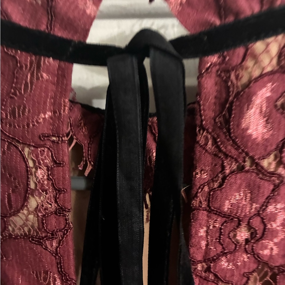 Wayf Burgundy Lace Long-Sleeve Blouse with Velvet Trim - Picture 5 of 6